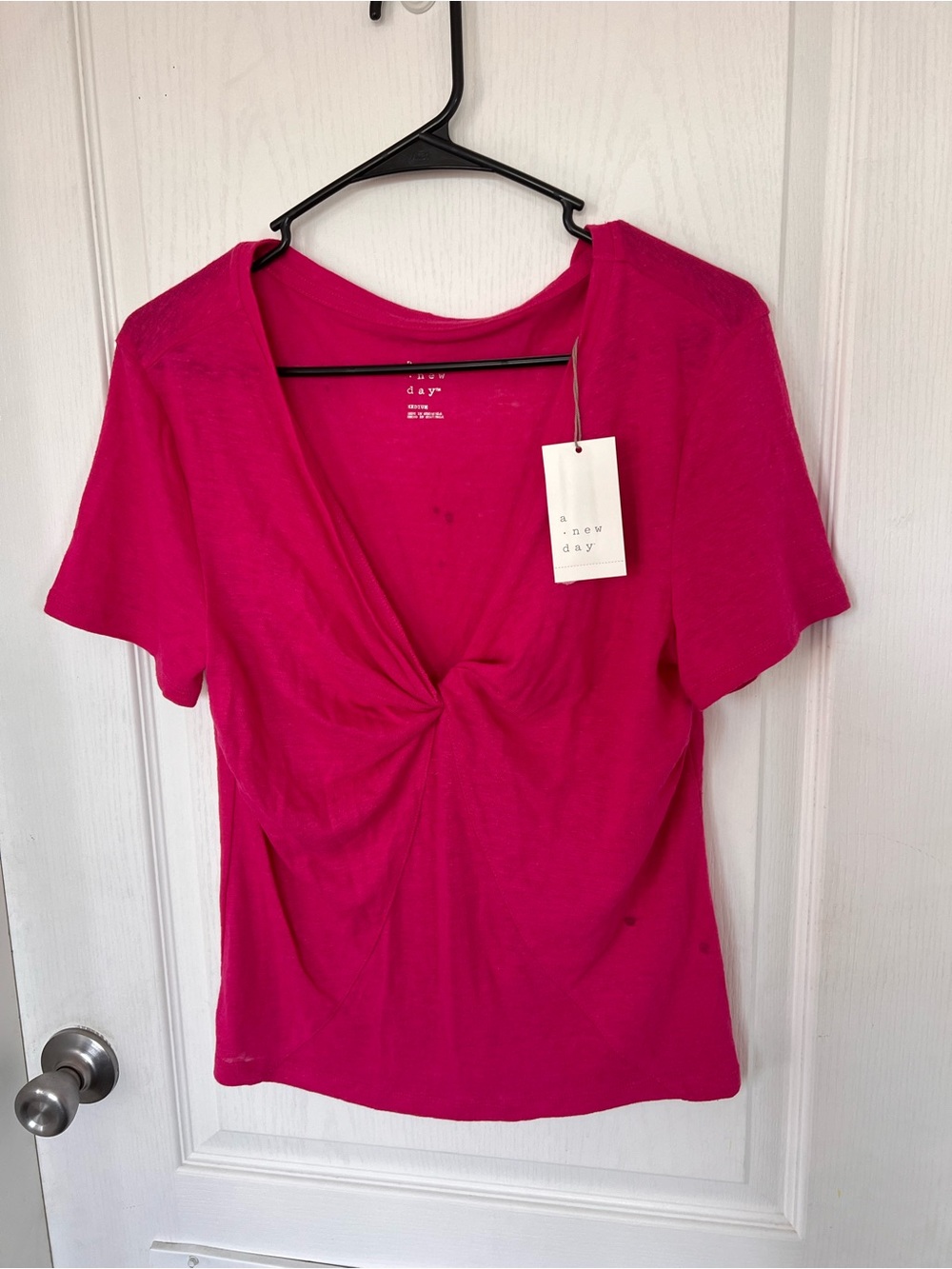 a new day Fuchsia Twist-Front Short Sleeve V-Neck Top